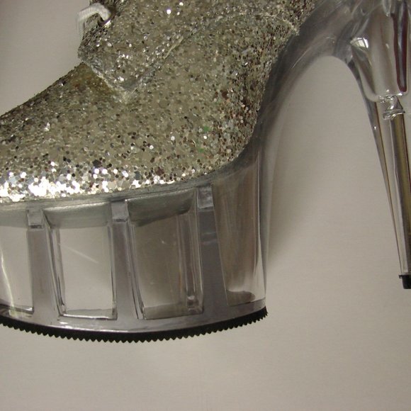 NIB NWOT Pleaser Knee Hi Delight 2020 Silver Glitter Boot Lace Up Inner Zip SZ 8 - Picture 5 of 16